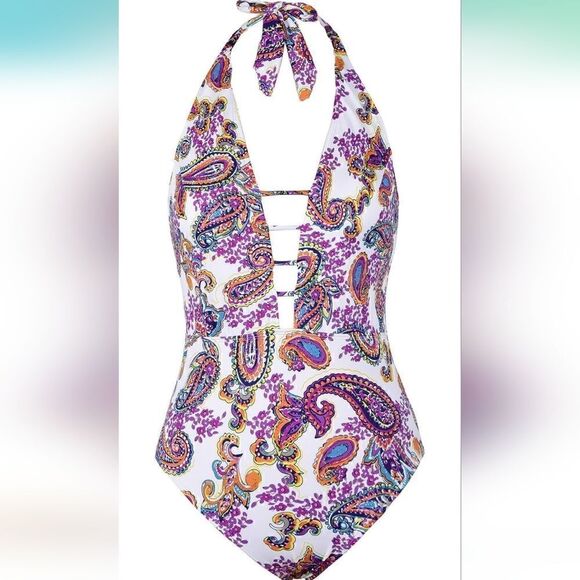 Gorgeous white one piece with multicolor paisley design Size 12 - Picture 1 of 9